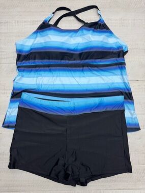 Plus Size Color Block Tankini Modest Bathing Suits Top with shorts 3XL